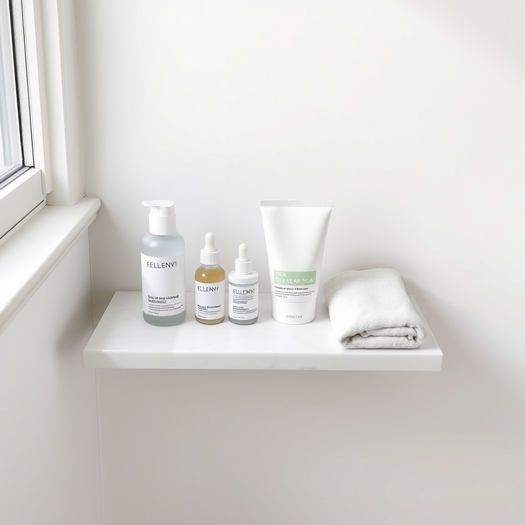 acne skincare routine — Four essential skincare products arranged in order on a white marble bathroom shelf in soft morning light.