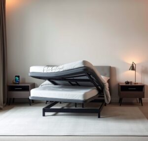 adjustable bed base review — Adjustable bed base elevated in zero gravity position in a calm, minimalist bedroom at dawn with warm natural light.