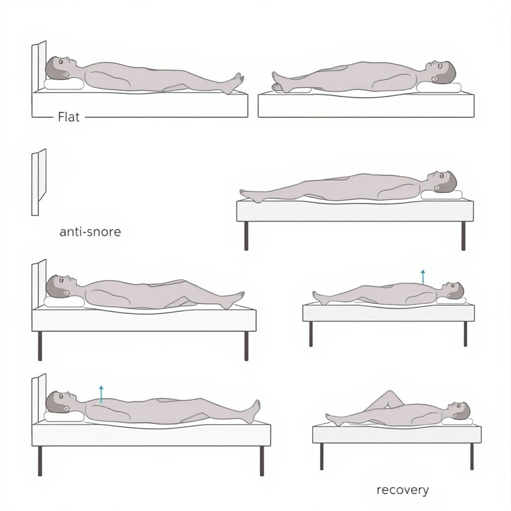 adjustable bed brands — Side-profile diagram of six adjustable bed positions including flat, zero gravity, anti-snore, lounge, leg elevation, and recovery.