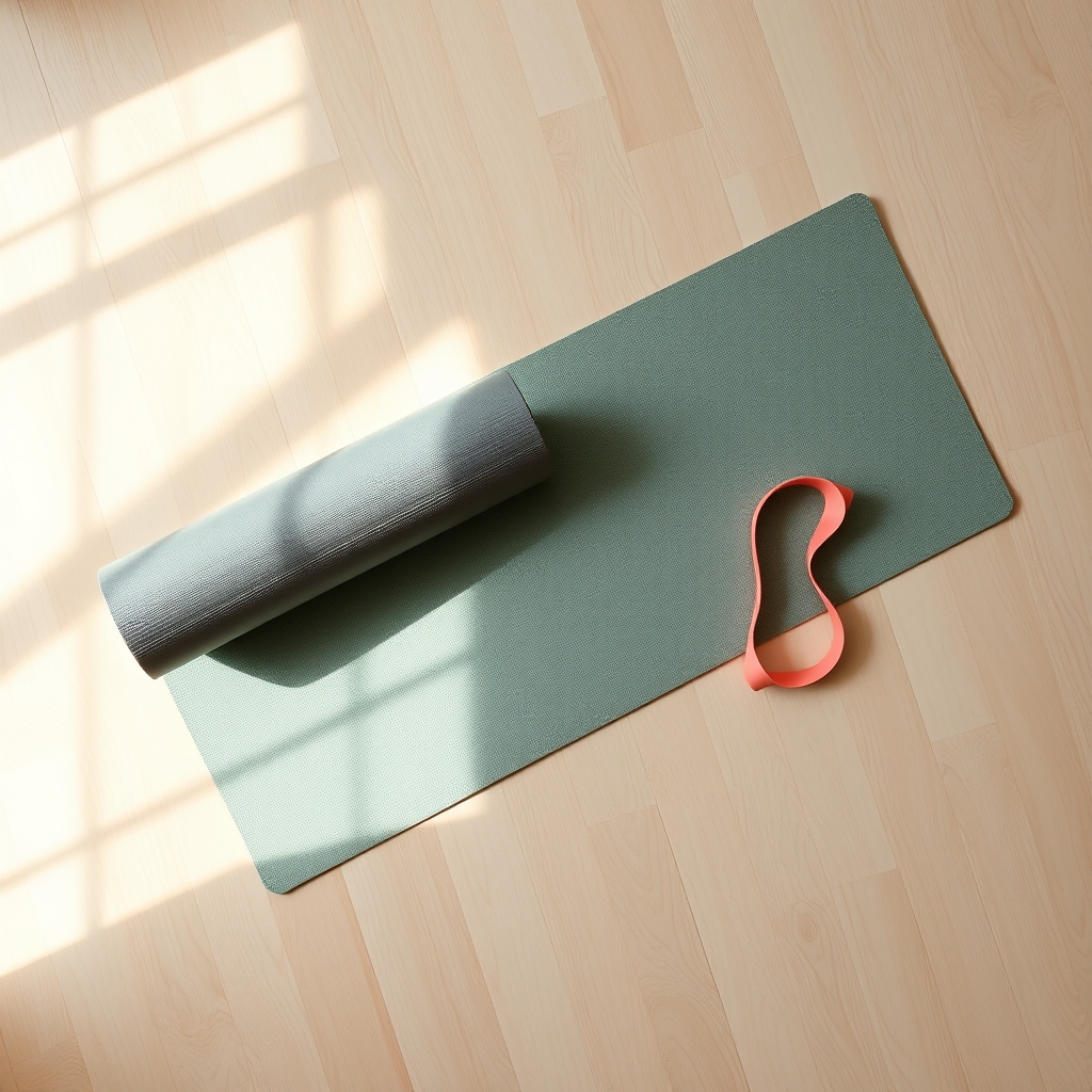 affordable fitness equipment — Overhead view of a foam roller, mini resistance band, and yoga mat arranged on a hardwood floor with minimal footprint.