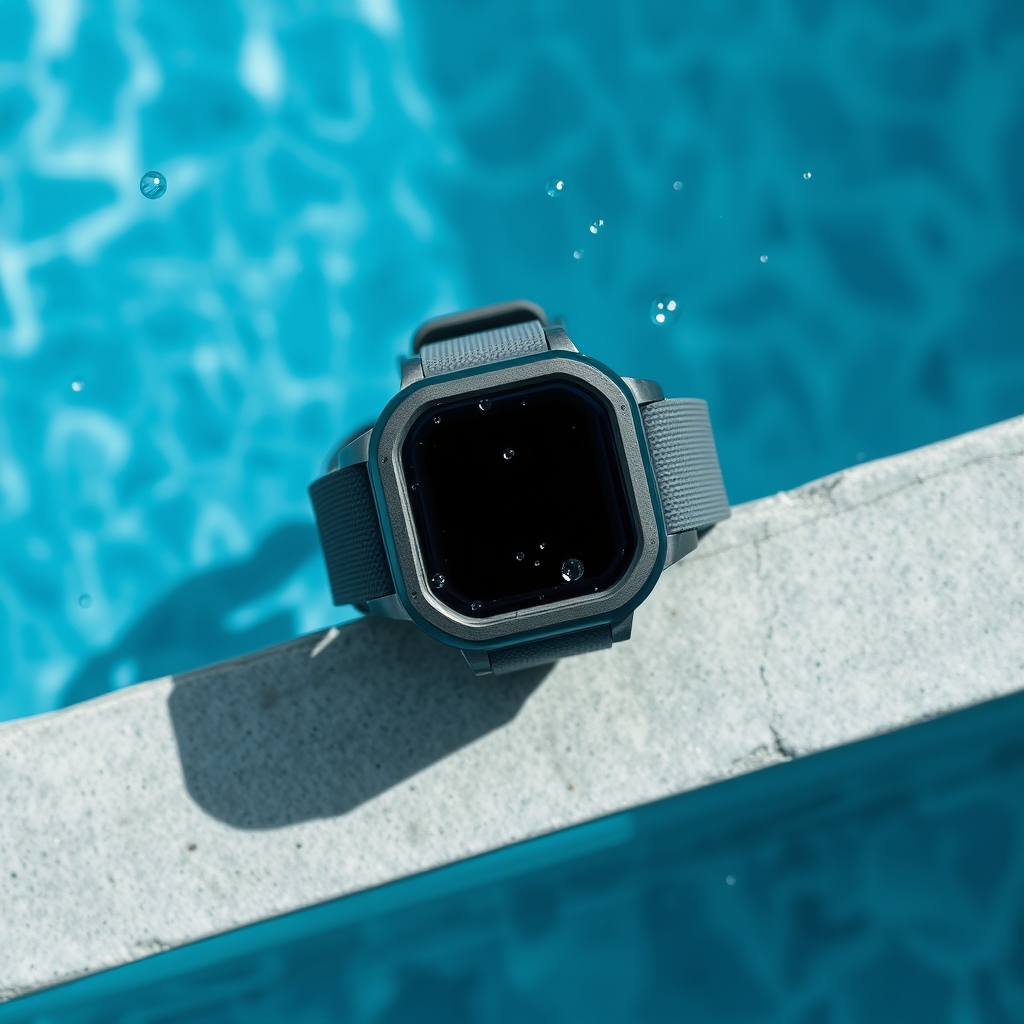 affordable fitness watch accuracy — A rugged rectangular smartwatch resting on wet poolside concrete with water droplets across its screen and strap