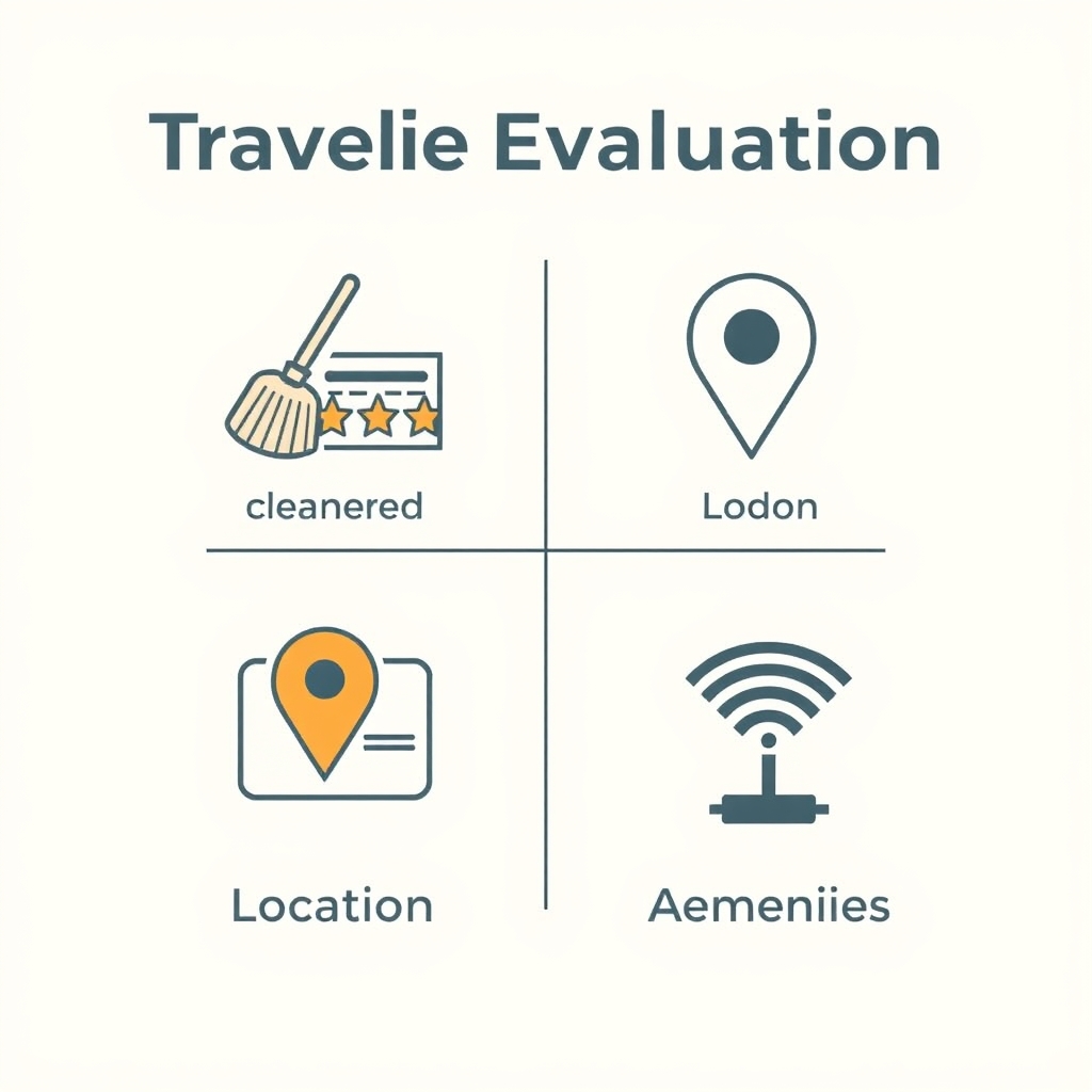 affordable hotel chains — Four-icon grid illustrating budget hotel evaluation criteria: cleanliness, loyalty rewards, location, and amenities.