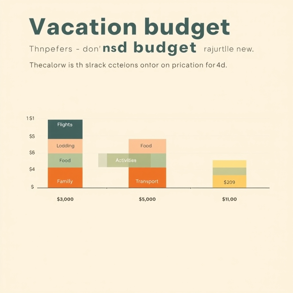 affordable vacation destinations — Stacked bar chart comparing budget, mid-range, and splurge vacation costs across six categories for a family of four