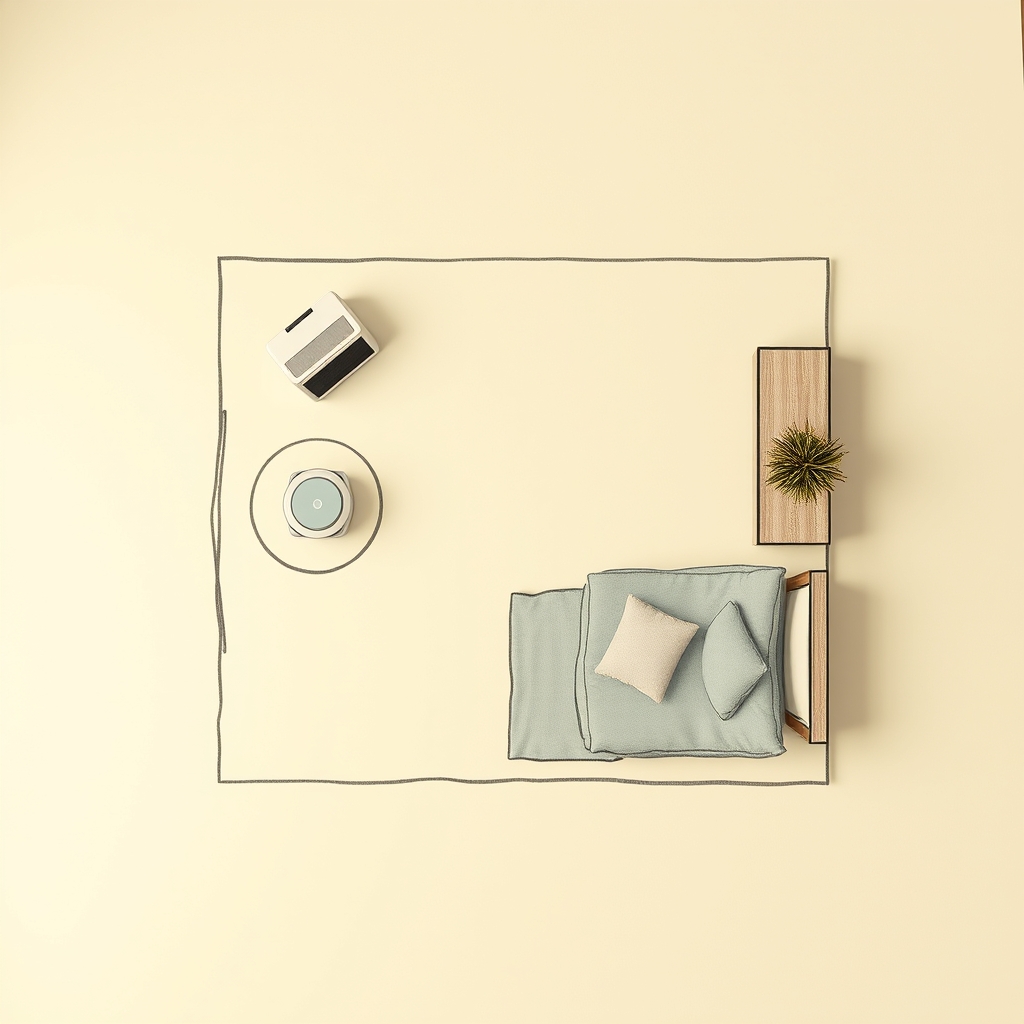 air purifier small spaces apartments — Overhead flat-lay sketch of a small bedroom floor plan with an air purifier icon and coverage radius rings illustrated.