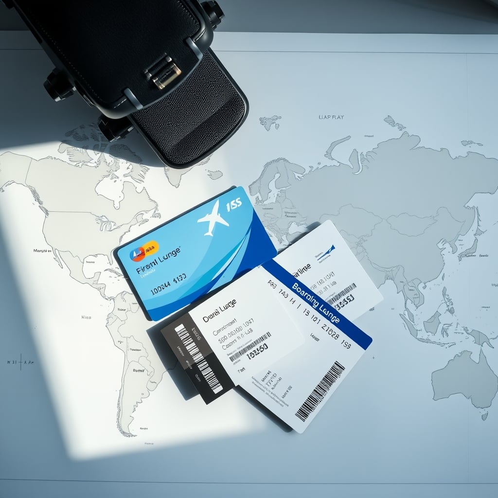 airline credit card rewards — Airline credit card and travel documents arranged on a world map with soft overhead lighting.