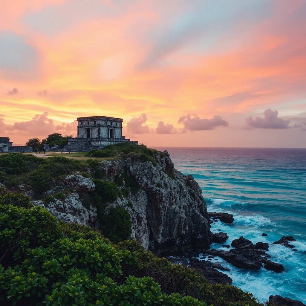 all-inclusive theme park mexico pricing — Tulum Maya ruins on a clifftop at dusk, silhouetted against an orange sky above turquoise Caribbean water.