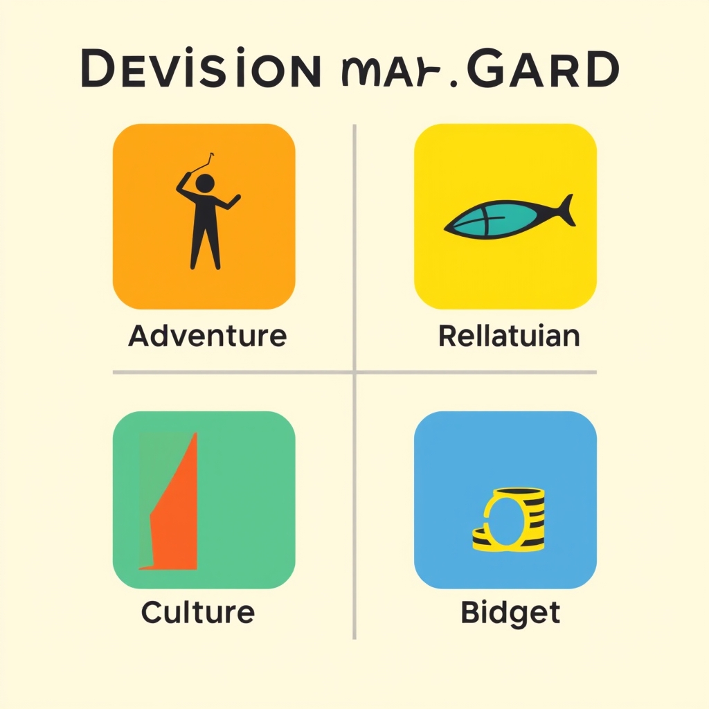 all-inclusive theme parks mexico — Flat vector grid comparing four theme park categories: adventure, relaxation, culture, and budget, shown with simple icons.