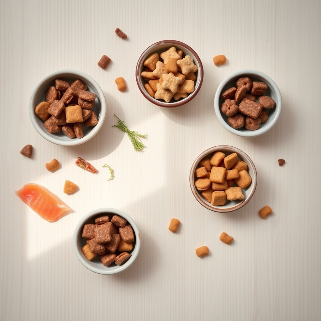 allergy-friendly pet treats — Overhead flat-lay of assorted grain-free freeze-dried pet treats in ceramic bowls with raw meat and kelp on wood surface.