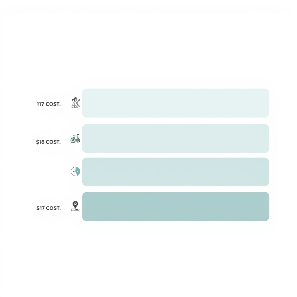 Apple Fitness+ vs Peloton — Flat vector bar chart comparing five fitness app cost tiers with small workout-type icons beside each bar