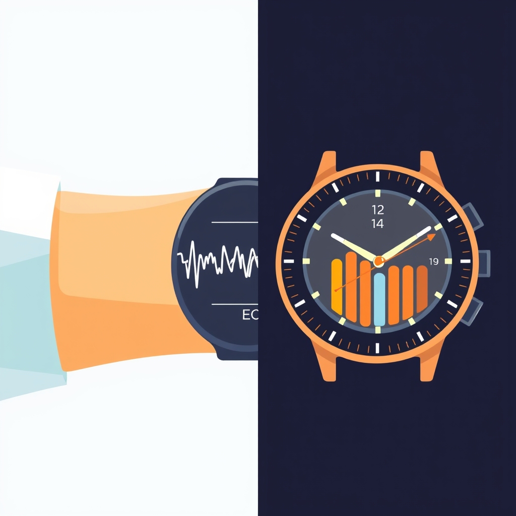 Apple Watch fitness features — Split illustration contrasting a smartwatch showing ECG heart data on one side and running dynamics metrics on the other