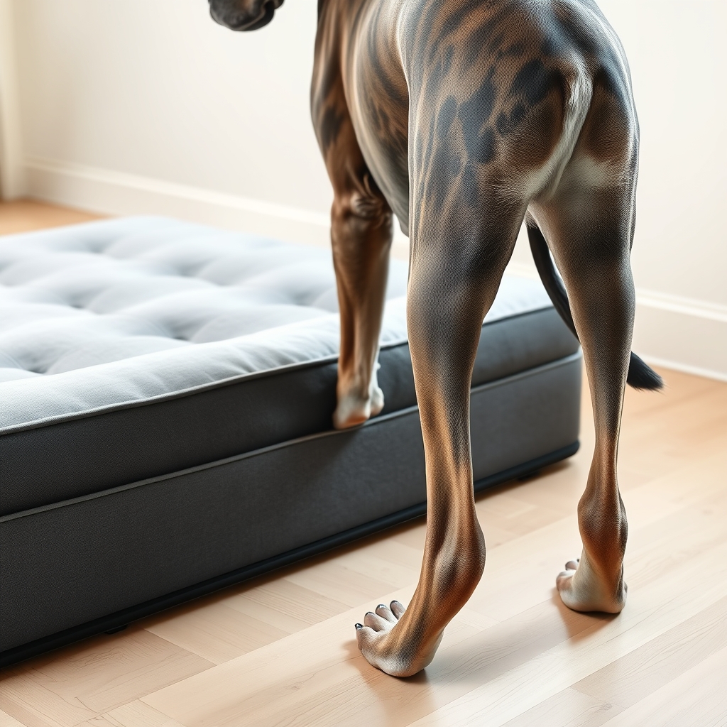 arthritis dog bed — Large senior Great Dane standing next to an oversized orthopedic dog bed showing scale of extra-large breed bed sizing