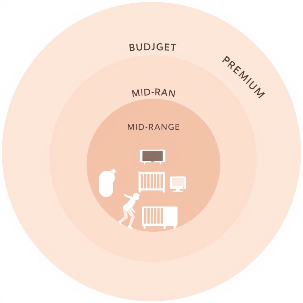 baby registry checklist — Three concentric circles showing budget, mid-range, and premium tier spending zones.