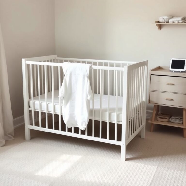 baby registry checklist — Minimalist nursery with bare crib, changing dresser, sleep sack, and monitor on neutral background.