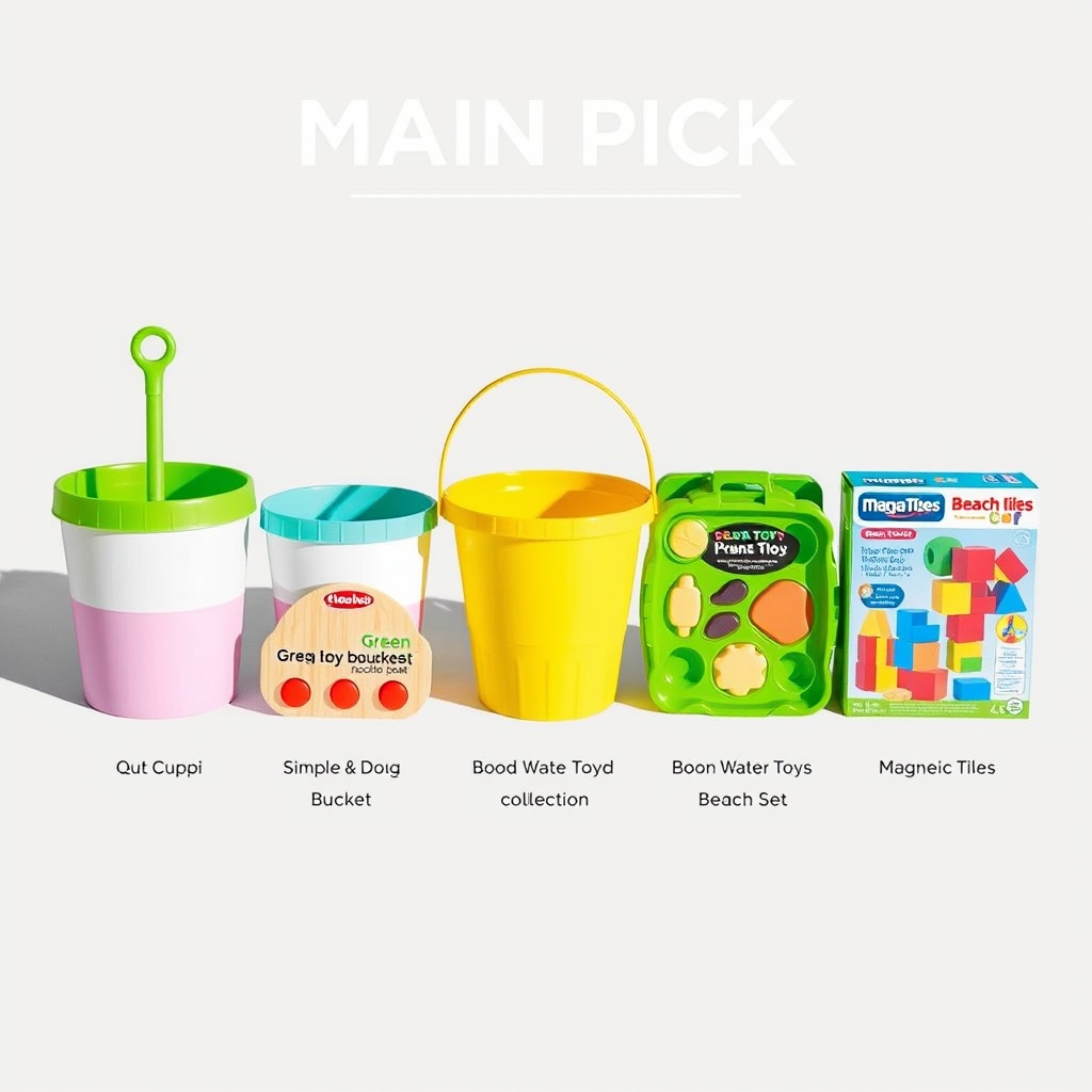 beach toys sand and water — Five recommended kids beach toys arranged in a row from budget to premium options.