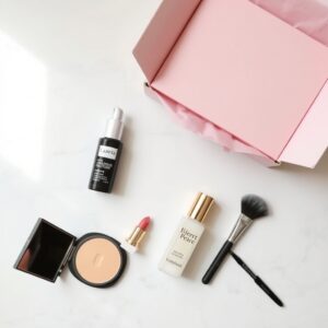 beauty subscription boxes 2026 — Overhead flat-lay of five assorted beauty products beside an open subscription box with pink tissue paper on marble.