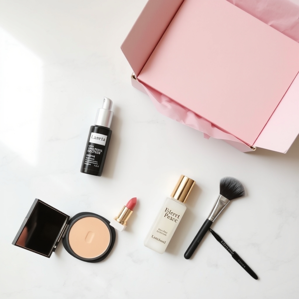beauty subscription boxes 2026 — Overhead flat-lay of five assorted beauty products beside an open subscription box with pink tissue paper on marble.