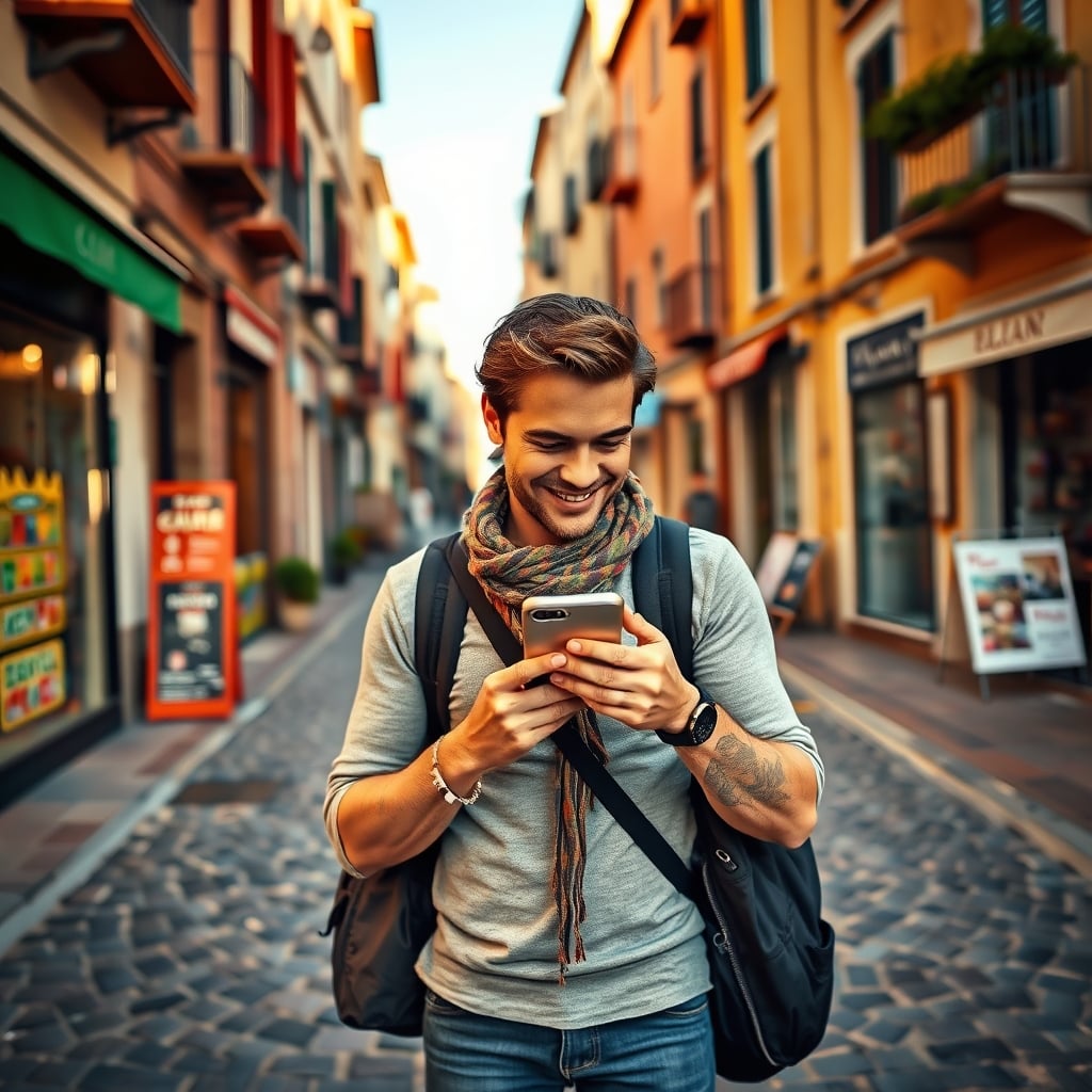 best activities platform — Traveler booking an experience on smartphone in European village setting