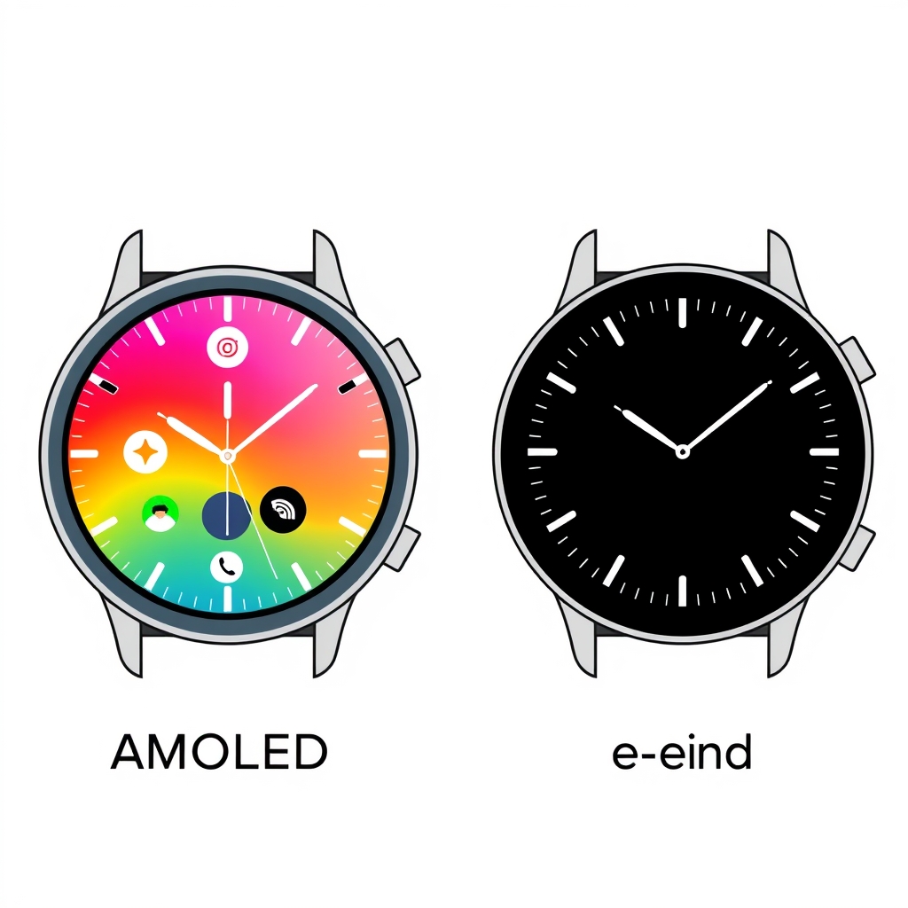 best affordable fitness watch — Side-by-side illustration comparing a vivid AMOLED watch display on the left with a monochrome e-ink display on the right