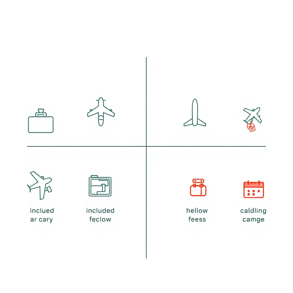 best budget airlines 2026 — Infographic grid comparing eight budget airlines on whether checked bags, carry-ons, seat selection, and flight changes are free or cost extra