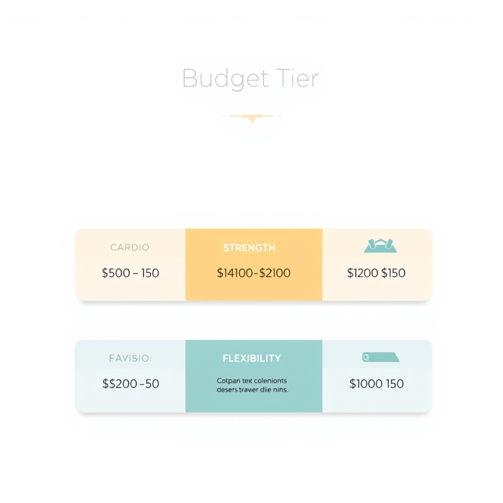best budget home gym — Flat vector diagram showing three home gym budget tiers: cardio, strength training, and flexibility with dollar ranges.