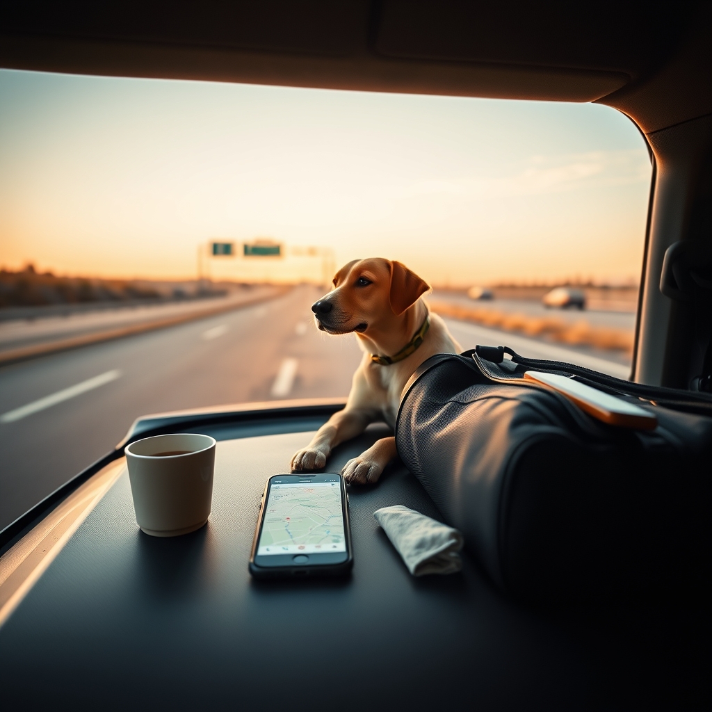 best budget hotels — Dog sitting beside a traveler's road-trip gear on a car hood at a sunny highway rest stop.