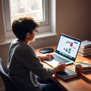 best budget laptop — Student working on a budget laptop at a bright desk with textbooks and coffee nearby.