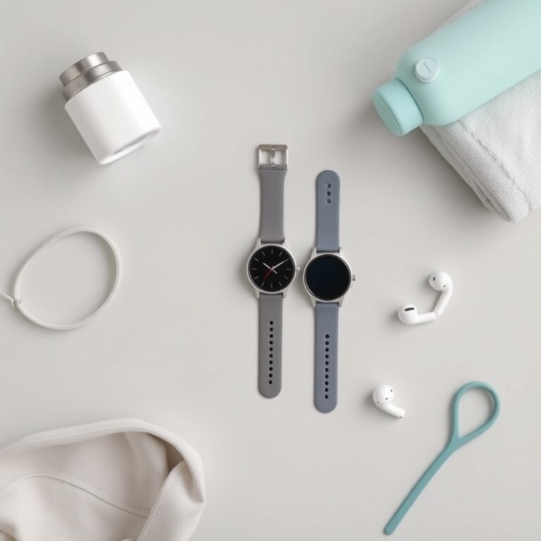 best budget smartwatch 2026 — Three slim fitness watches arranged in a flat lay on a gray surface beside a water bottle and earbuds