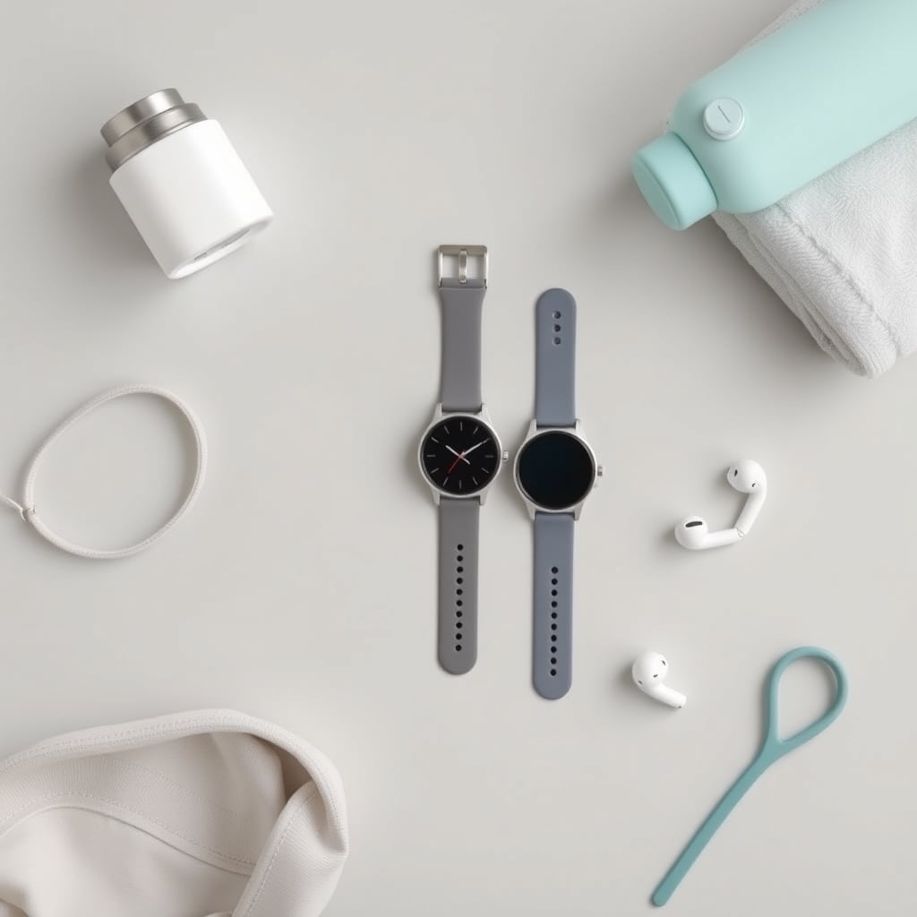 best budget smartwatch 2026 — Three slim fitness watches arranged in a flat lay on a gray surface beside a water bottle and earbuds