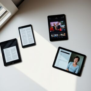 best budget tablet — Four budget tablets arranged on a desk, each showing different uses: reading, streaming, work, and video calls.