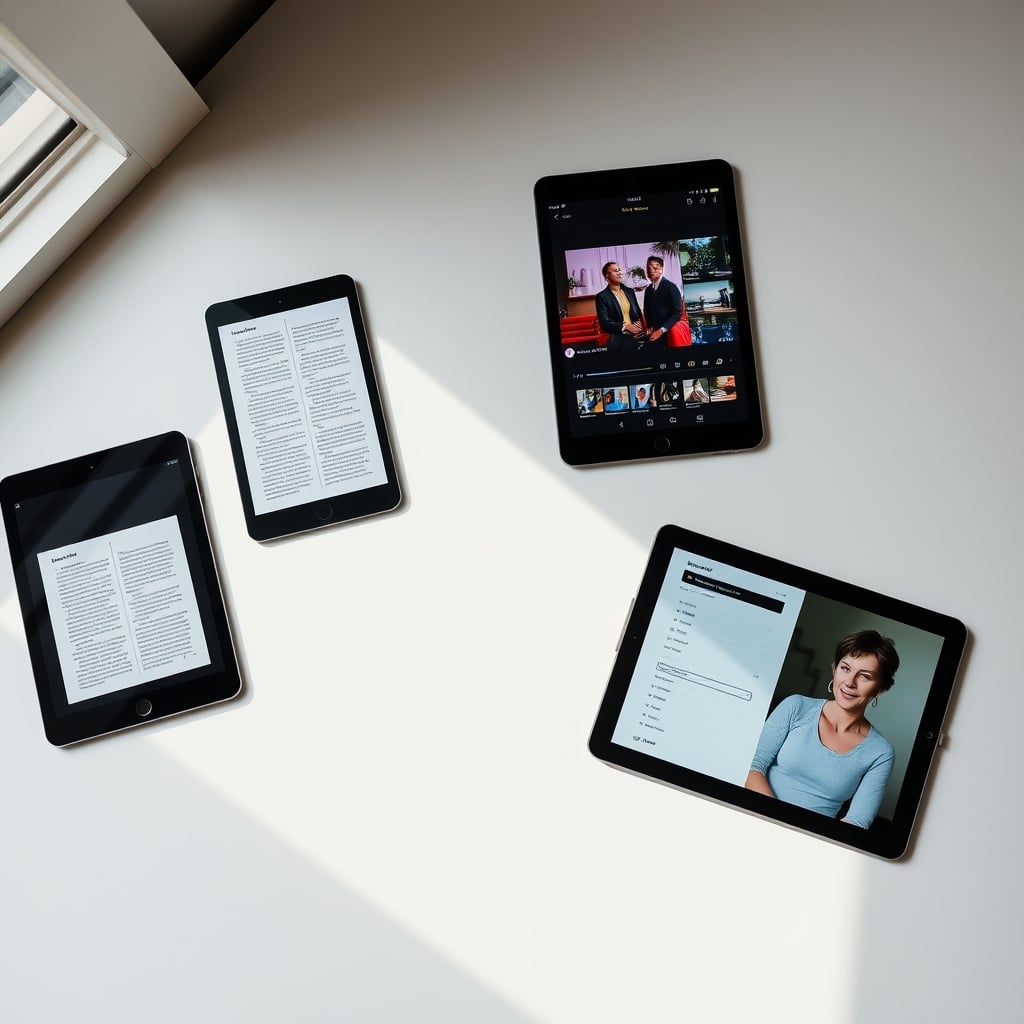 best budget tablet — Four budget tablets arranged on a desk, each showing different uses: reading, streaming, work, and video calls.