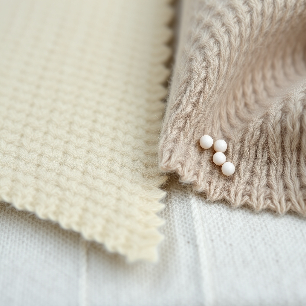 best cashmere sweaters — Two cashmere fabric swatches side by side showing smooth high-grade fiber versus pilled lower-grade fiber surface.
