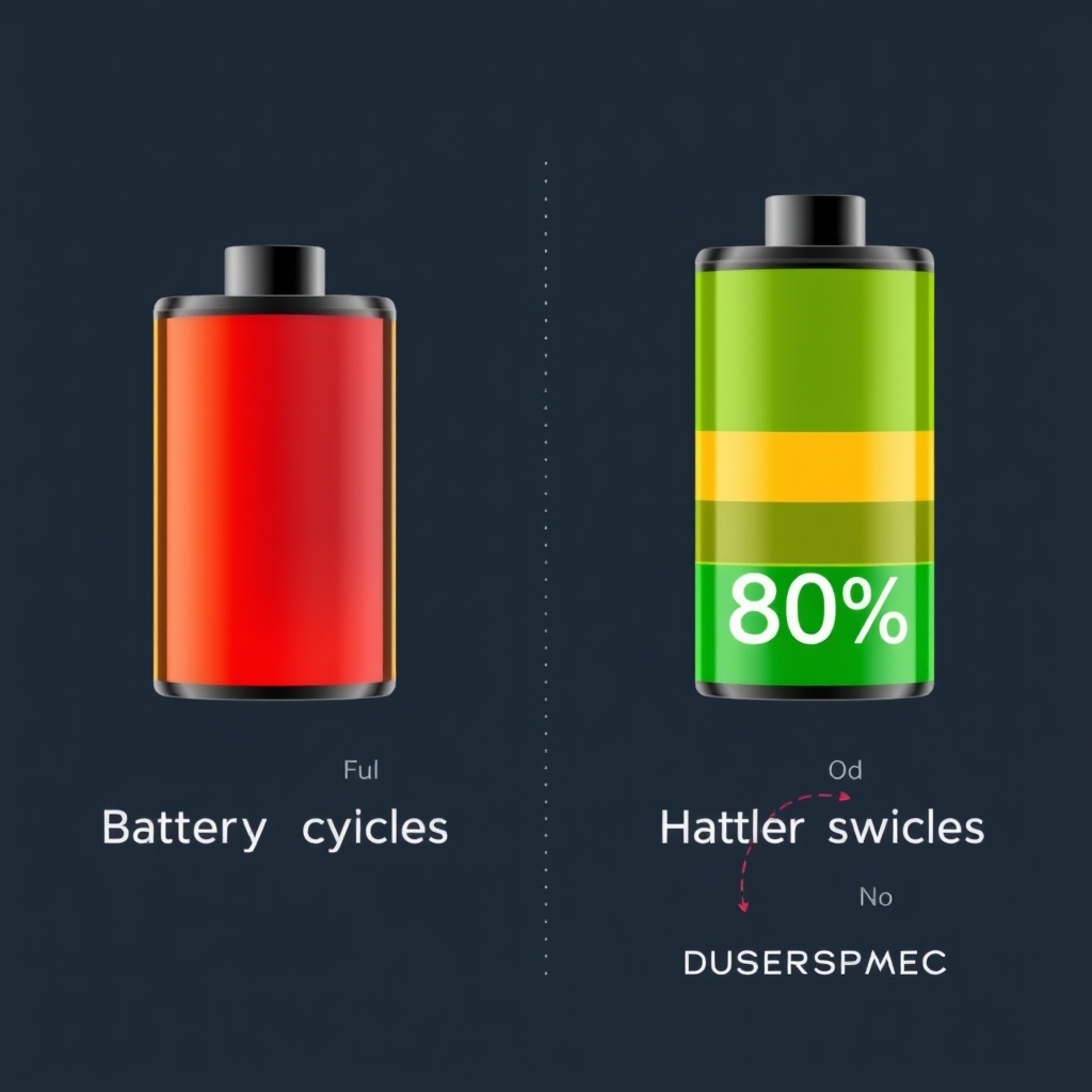 best charging habits smartphone — Side-by-side visual comparison of battery degradation: 100% charging cycles versus 80% charging cycles over time.