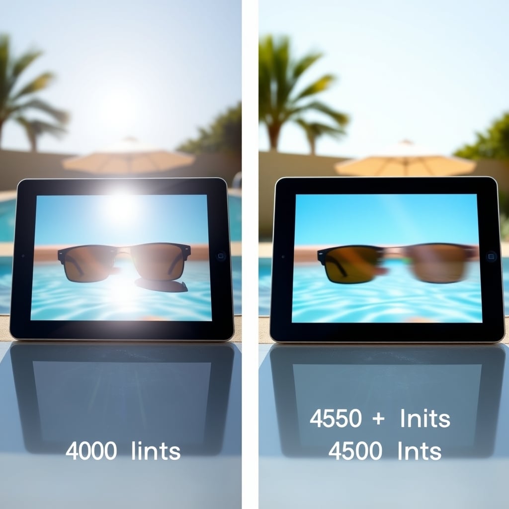 best cheap tablet 2026 — Side-by-side comparison of outdoor readability: dim tablet screen washed out by sunlight versus bright tablet screen remaining clear.