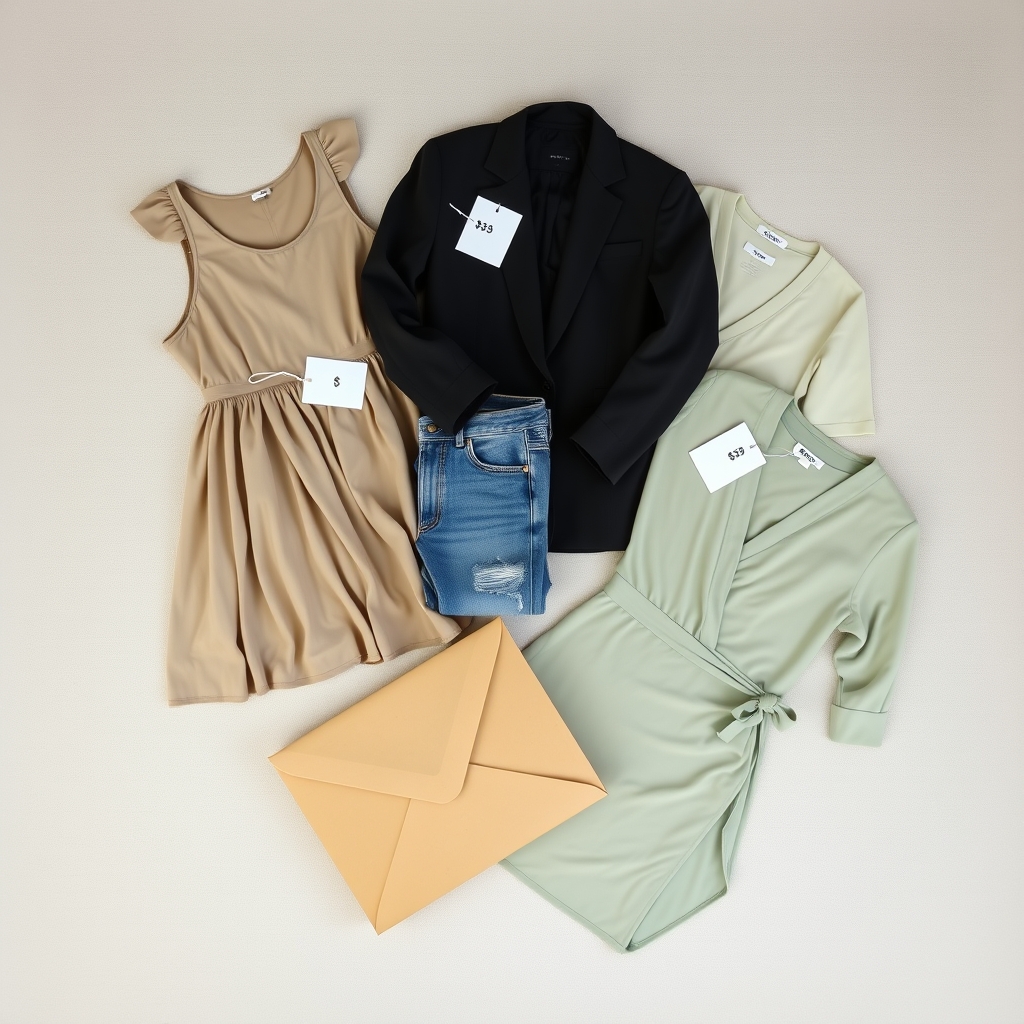 best clothing rental services — Flat-lay of five rental clothing items tagged with prices beside an open shipping envelope on a linen background.