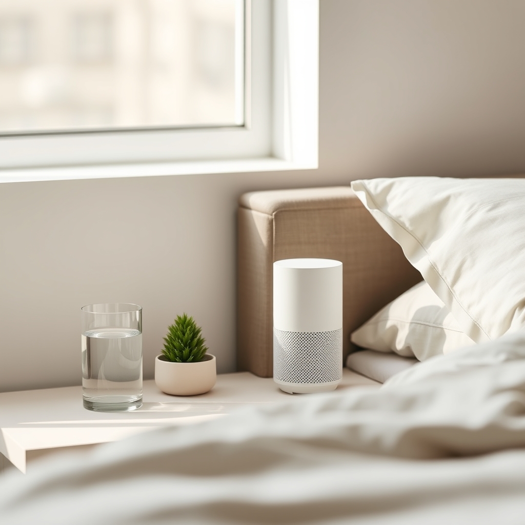 best compact air purifier — Compact white air purifier on a minimalist bedroom bedside table beside a small plant in soft morning light.