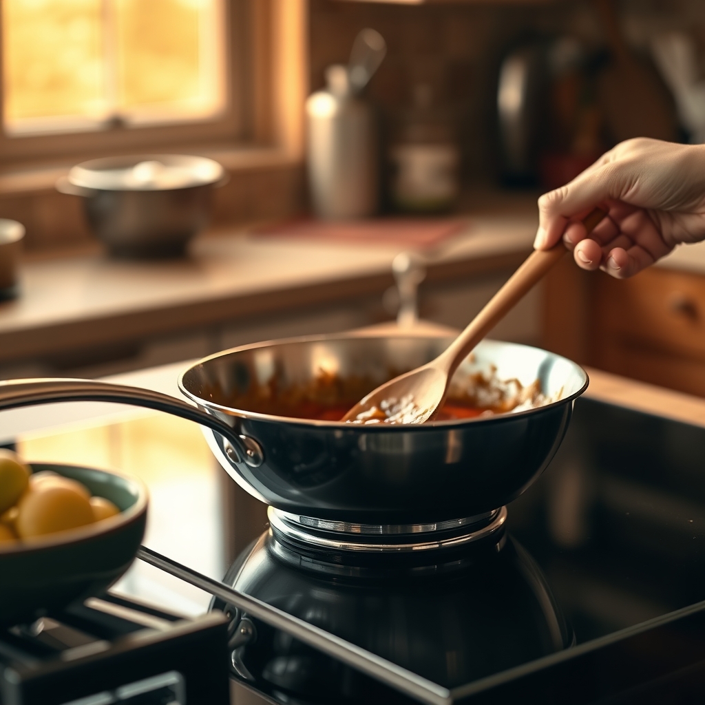 best cookware glass cooktops — A cook stirring sauce in a tri-ply stainless skillet on a scratch-free ceramic glass cooktop under warm kitchen lighting.
