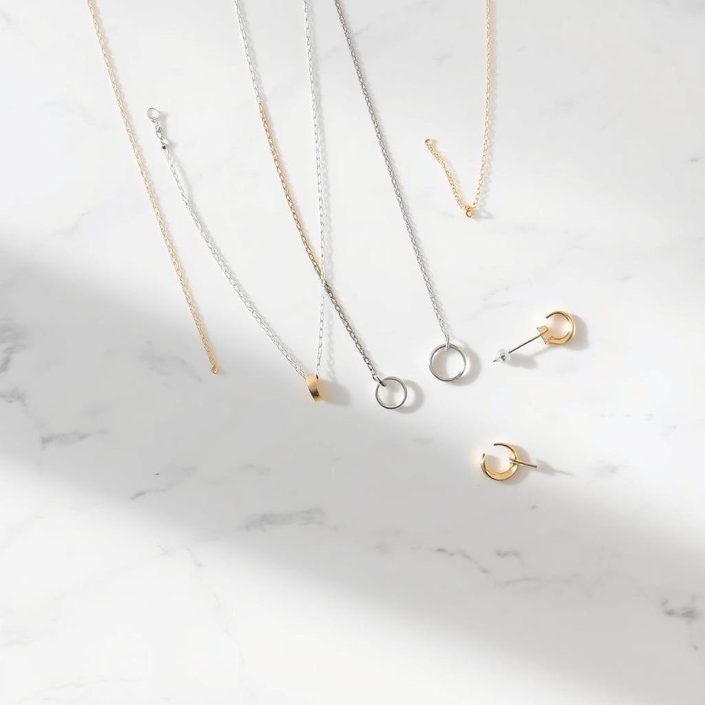 best delicate jewelry — Delicate gold and silver minimalist necklaces, hoops, and stud earrings arranged on a white marble surface.