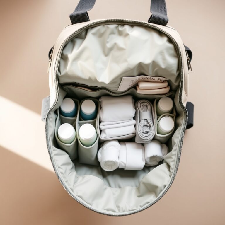 best diaper bags — Open diaper bag displaying organized compartments with bottles, diapers, and baby supplies neatly arranged inside.