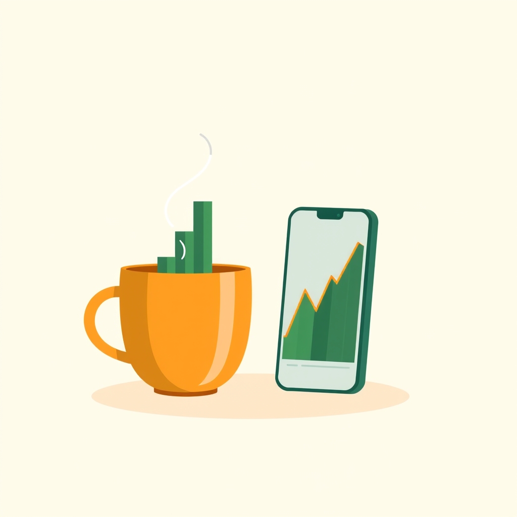 best fintech apps 2026 — Flat vector of a coffee cup with a rising bar chart in its steam beside a phone showing a growing investment portfolio line