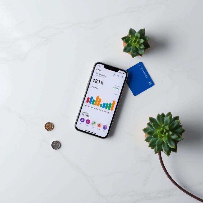 best fintech apps 2026 — Overhead view of a smartphone showing a financial app dashboard beside a contactless card and coins on marble