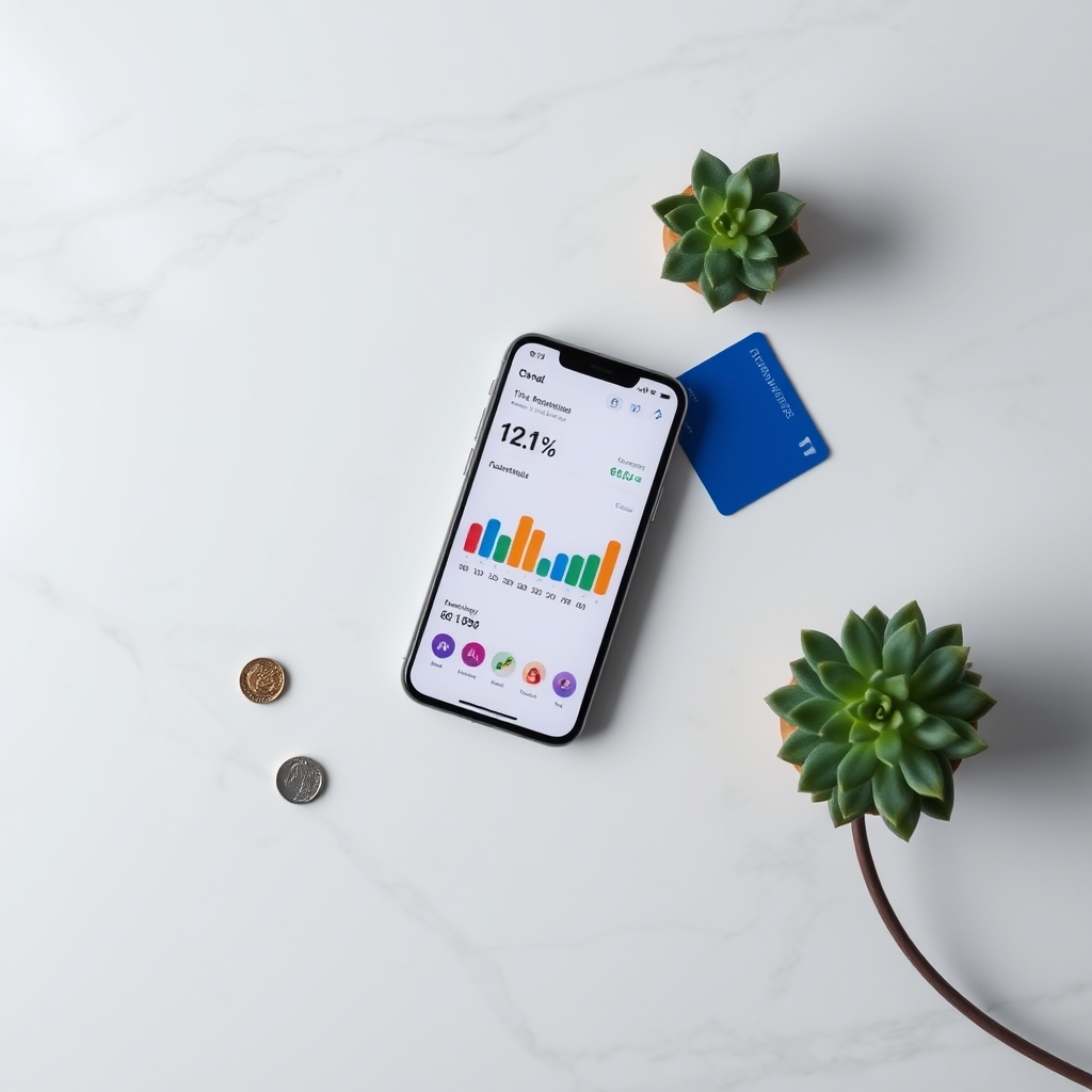 best fintech apps 2026 — Overhead view of a smartphone showing a financial app dashboard beside a contactless card and coins on marble