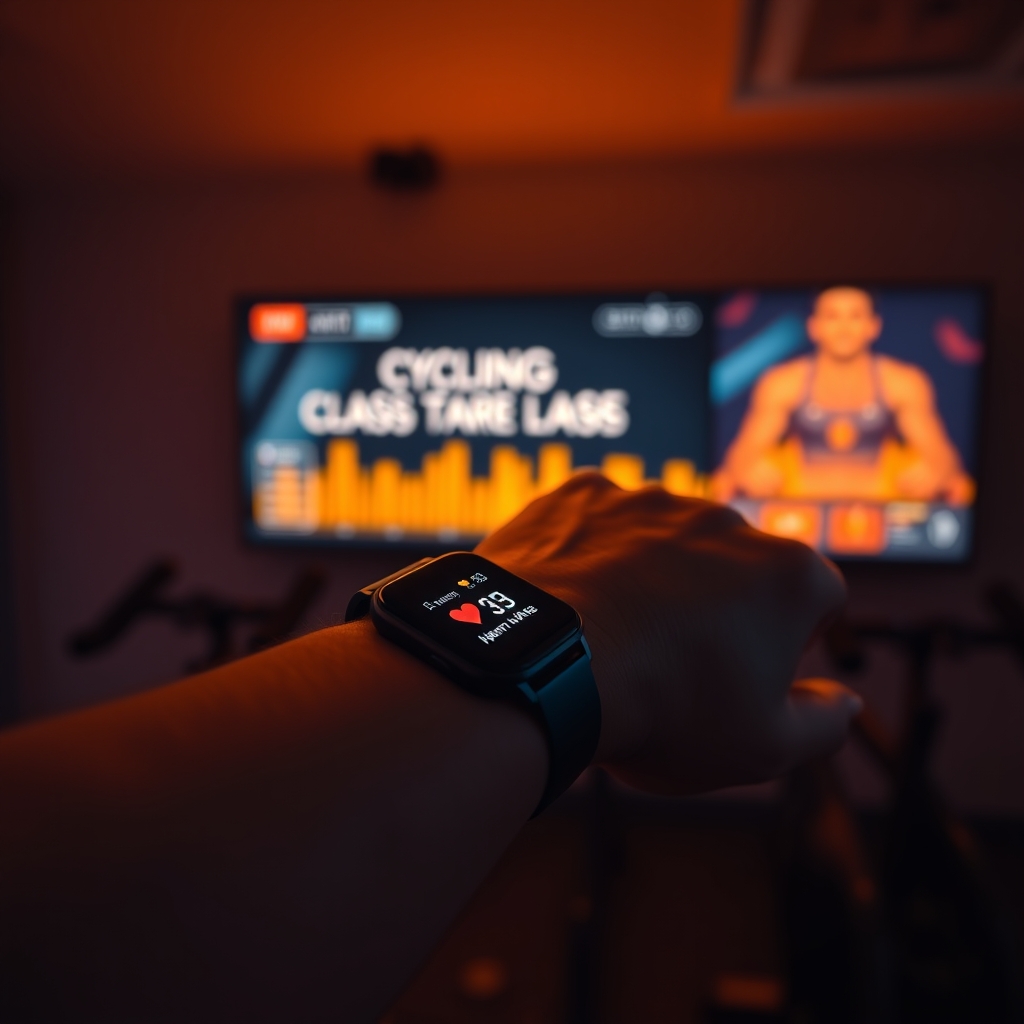 best fitness apps 2026 — Smartwatch on a wrist showing live heart rate data with a blurred cycling leaderboard screen in the background