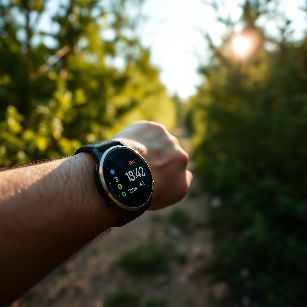 best fitness smartwatch — Runner's wrist wearing a premium fitness smartwatch with illuminated AMOLED screen on a sunlit forest trail