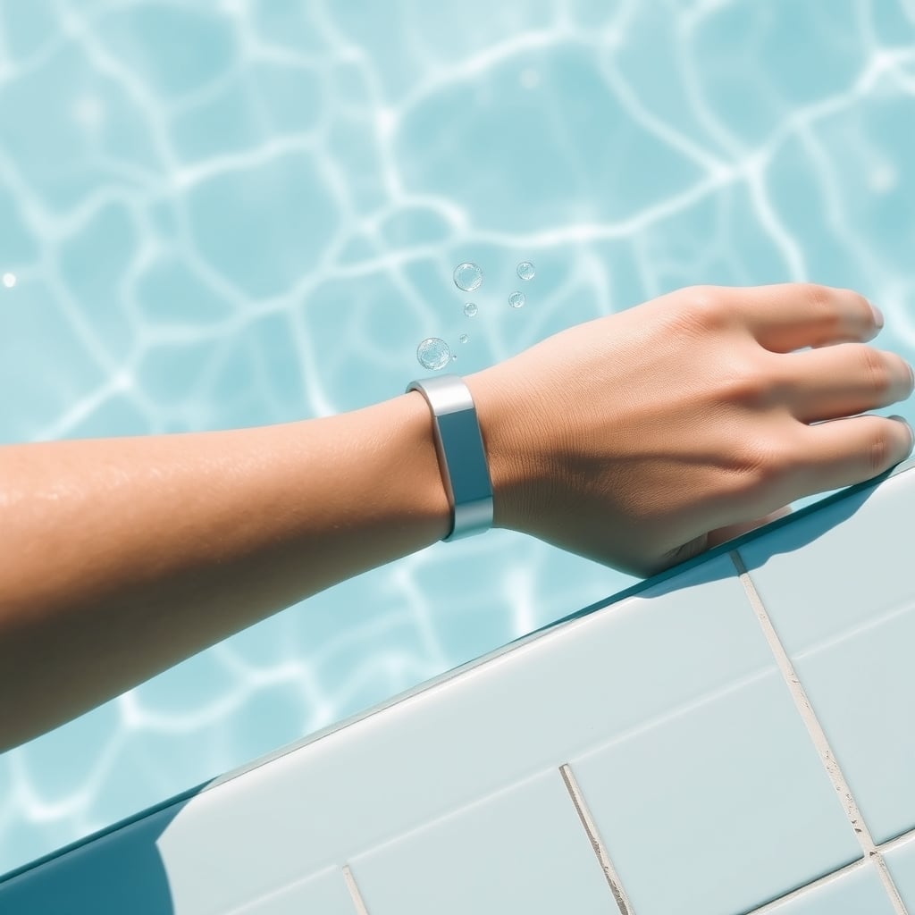 best fitness tracker under $200 — Wrist wearing a fitness tracker submerged in clear pool water, with light caustics visible on white pool tiles beneath.