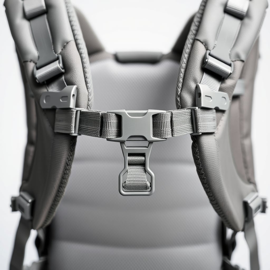 best hiking carrier infant — Close-up of a five-point harness system on a hiking baby carrier, showing secure buckle and strap assembly.
