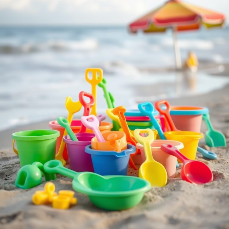 best kids beach toys — Beach toys including buckets, scoops, and molds arranged on sand with ocean in background.