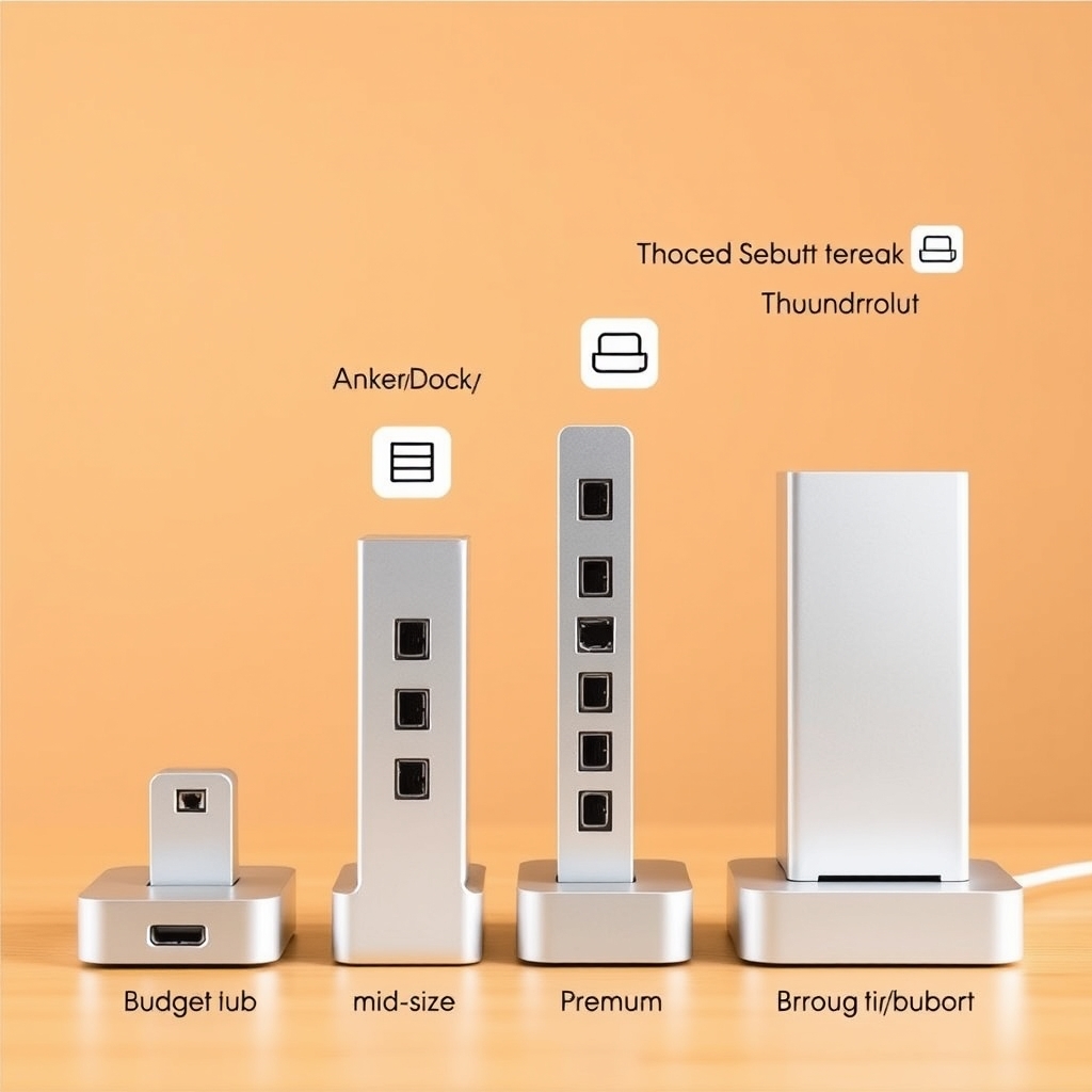 best laptop docking station — Four docking stations arranged by size and capability, from compact budget hub to professional Thunderbolt dock.