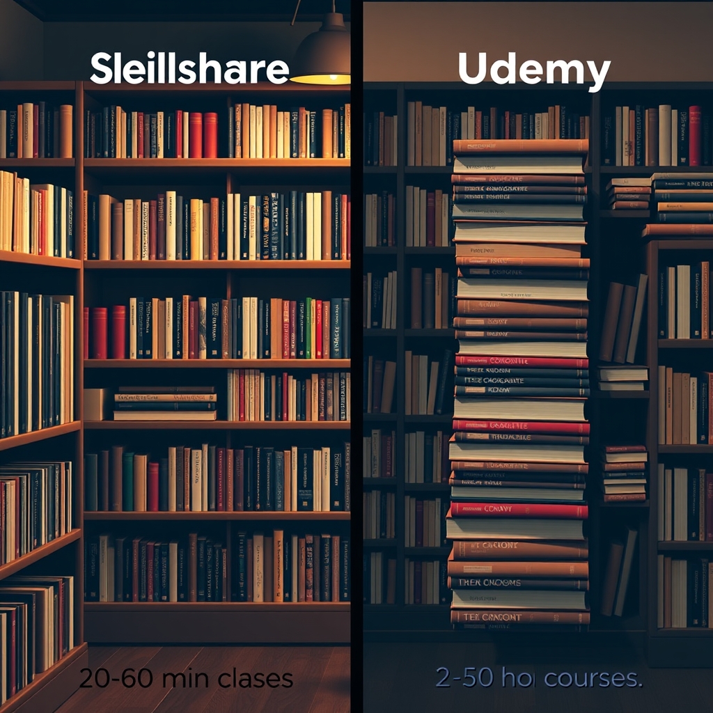 best learning platform — Two bookshelves side by side: left with thin books, right with thick books
