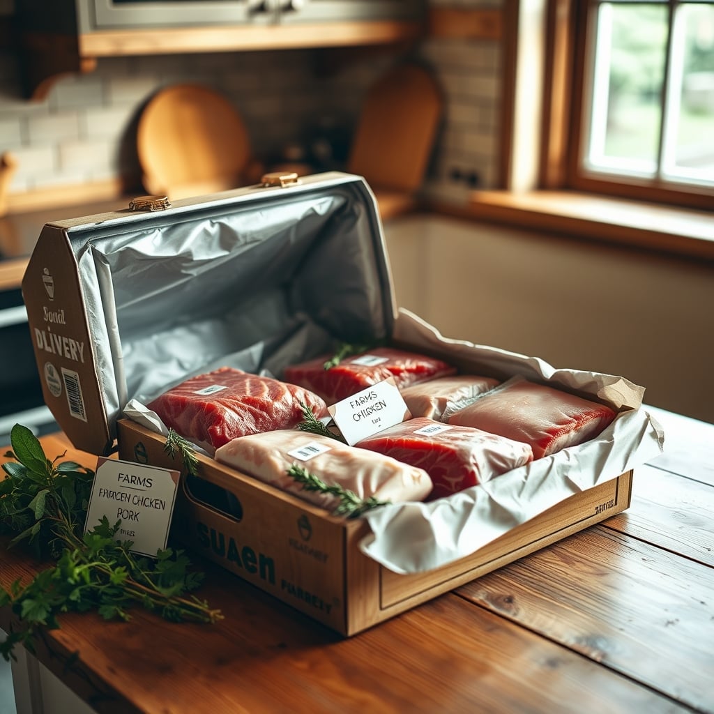 best meat delivery service — Open organic meat delivery box on a wooden counter with wrapped cuts, herbs, and a farm sourcing card beside it.