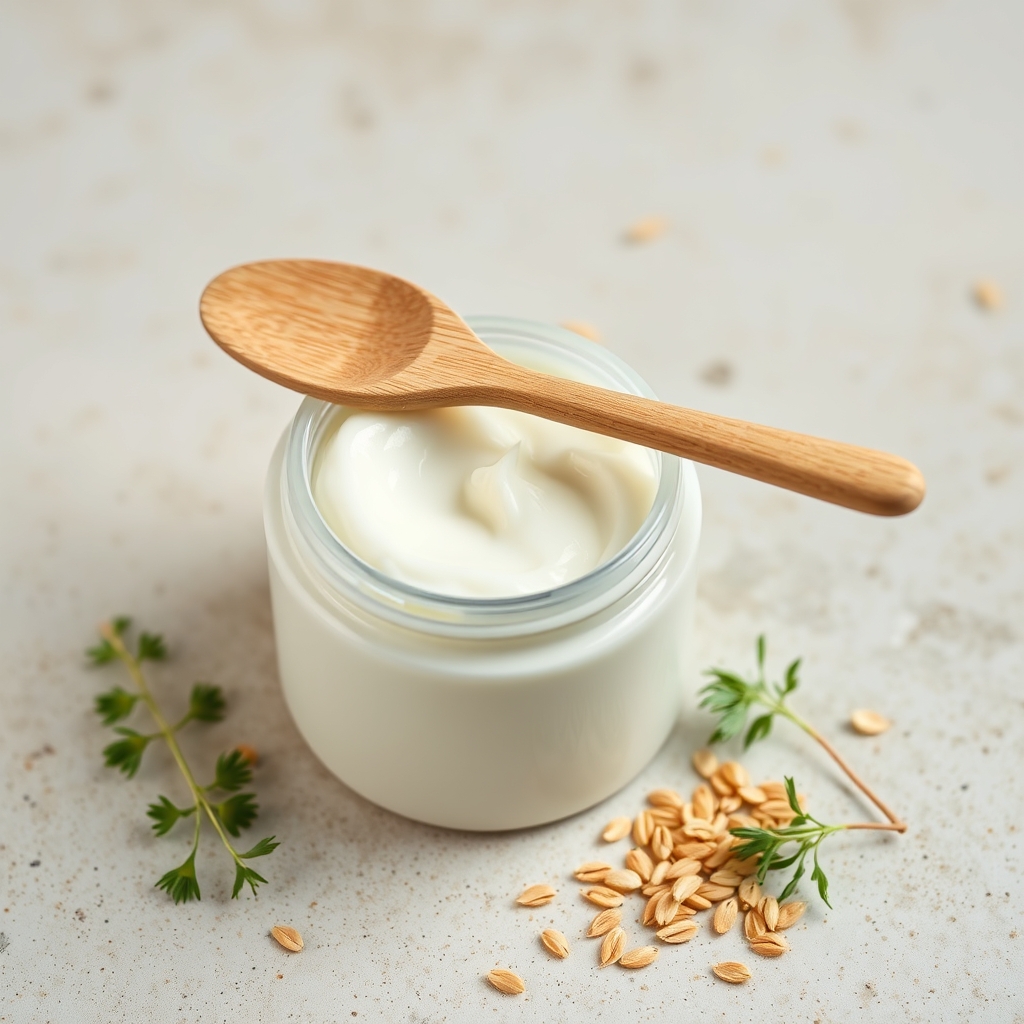 best moisturizer 2026 — Open jar of thick white face cream with a wooden spatula on a pale stone surface, surrounded by oat grains and centella sprigs.